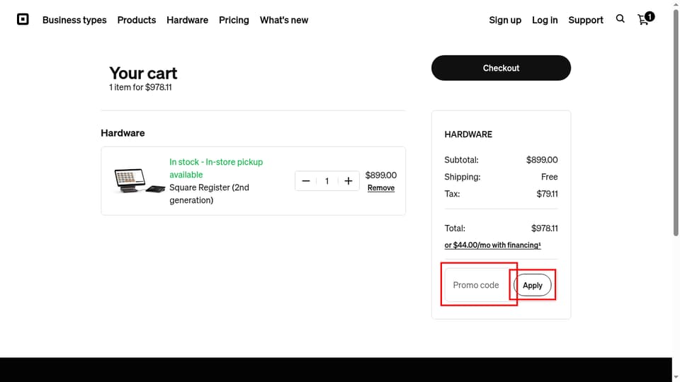 Square checkout page showing the Promo code field and Apply button