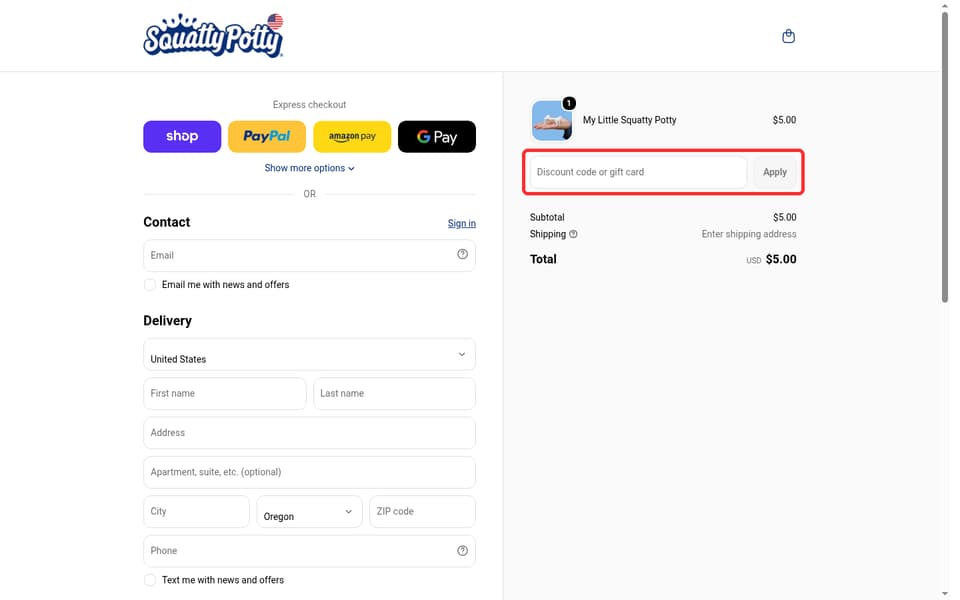 Squatty Potty checkout page showing the Discount code or gift card field and Apply button