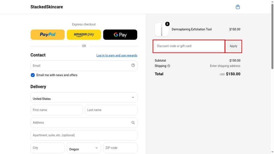 StackedSkinCare checkout page showing the Discount code or gift card field and Apply button