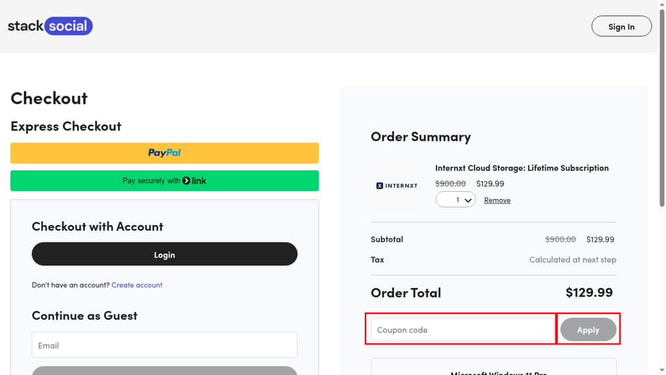StackSocial checkout page showing the Coupon code field and Apply button