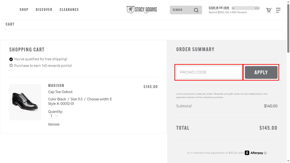 Stacy Adams checkout page showing the Promo Code field and Apply button