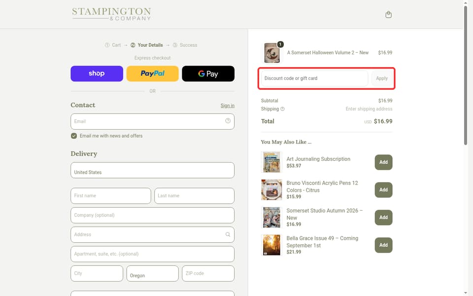 Stampington & Company checkout page showing the Discount code or gift card field and Apply button