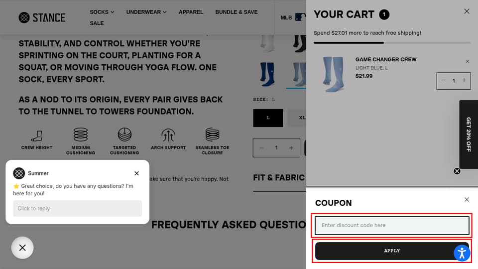 Stance checkout page showing the Enter discount code here field and Apply button