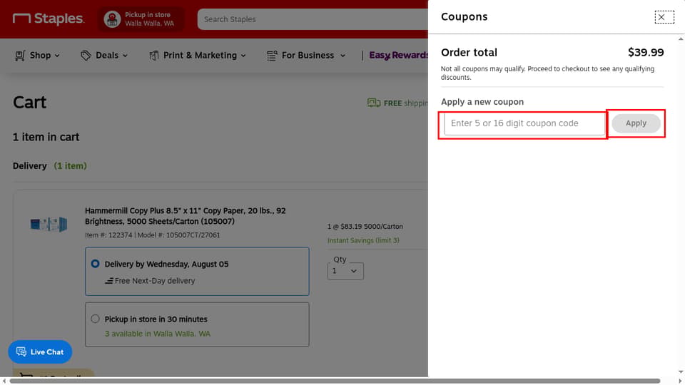 Staples checkout page showing the Enter 5 or 16 digit coupon code field and Apply button
