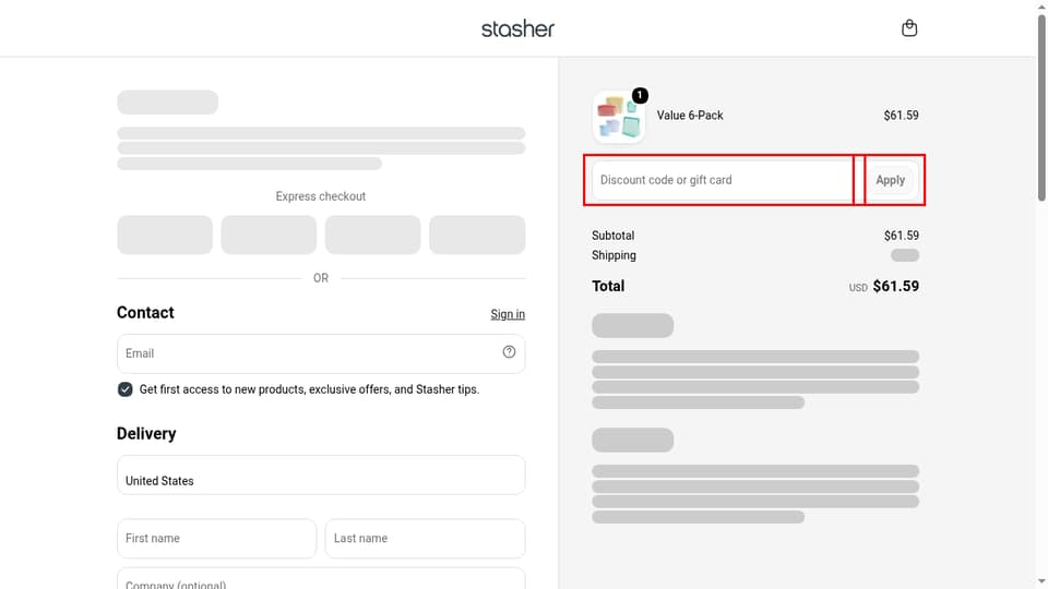 Stasher checkout page showing the Discount code or gift card field and Apply button