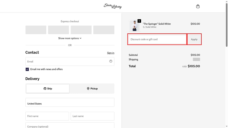 State & Liberty checkout page showing the Discount code or gift card field and Apply button