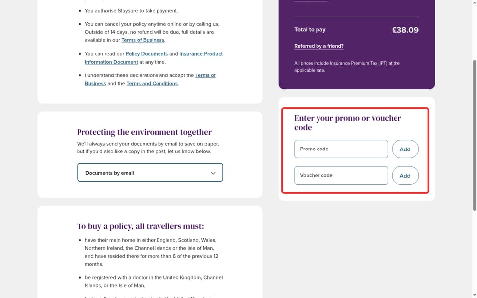 Staysure checkout page showing the Promo code field and Add button
