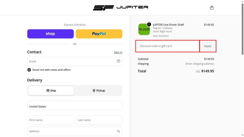 Steadfast Golf checkout page showing the Discount code or gift card field and Apply button