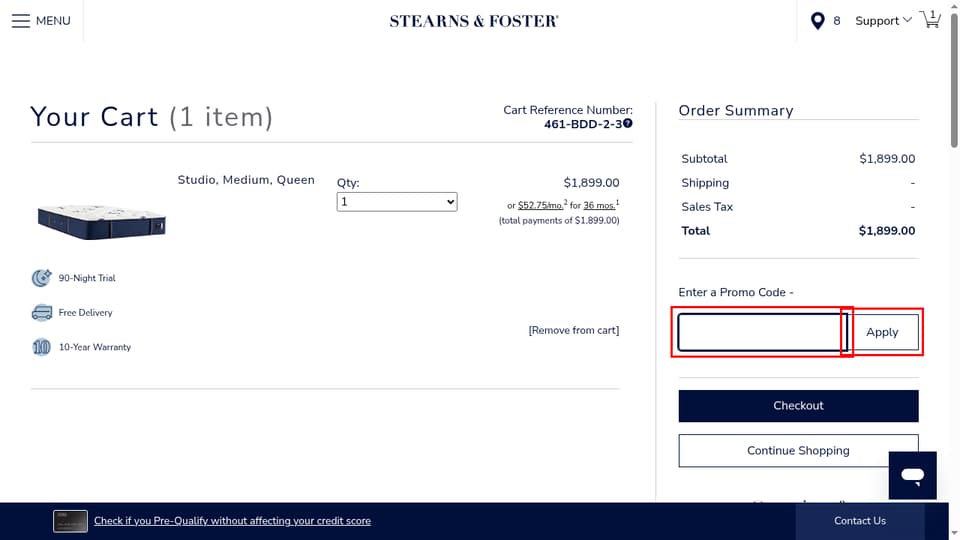 Stearns & Foster checkout page showing the Enter a Promo Code field and Apply button