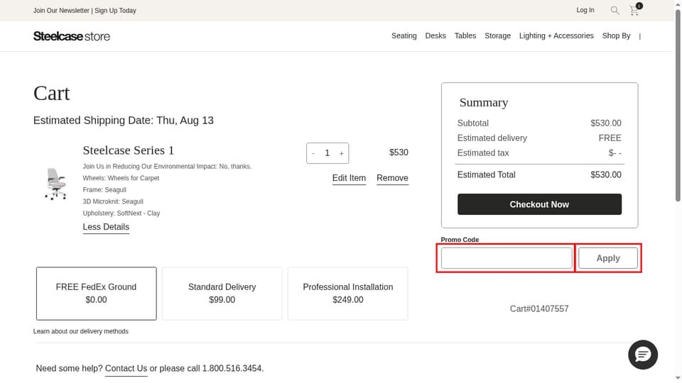 Steelcase checkout page showing the couponCode field and Apply button