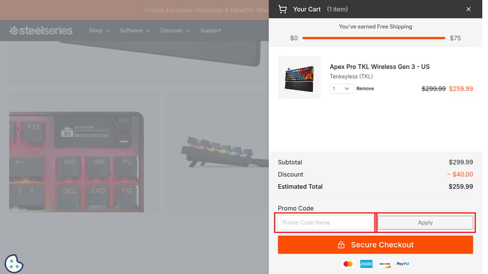 SteelSeries checkout page showing the Promo Code Name field and Apply button