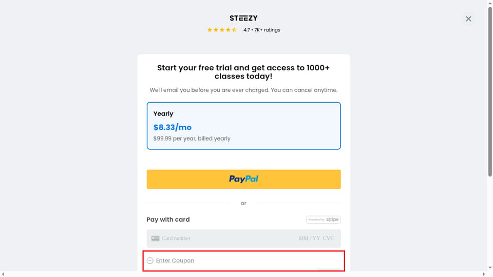 STEEZY checkout page showing the Enter a coupon/promo field and APPLY button