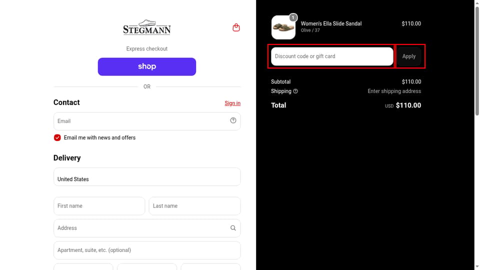 Stegmann checkout page showing the Discount code or gift card field and Apply button