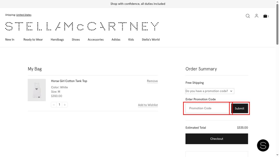 Stella McCartney checkout page showing the Promotion Code field and Submit button