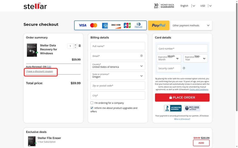 Stellar Data Recovery checkout page showing the Discount coupon field and Apply button