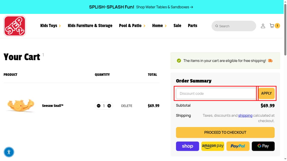 Step2 checkout page showing the Discount code field and Apply button
