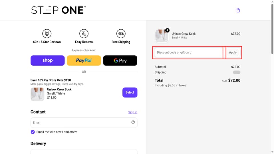 Step One checkout page showing the Discount code or gift card field and Apply button