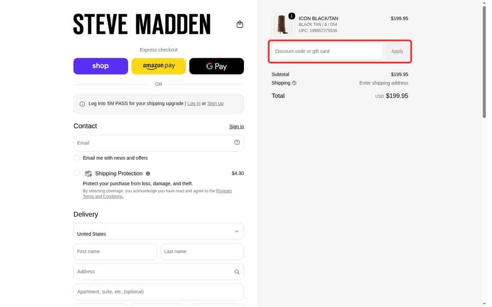 Steve Madden checkout page showing the Discount code or gift card field and Apply button