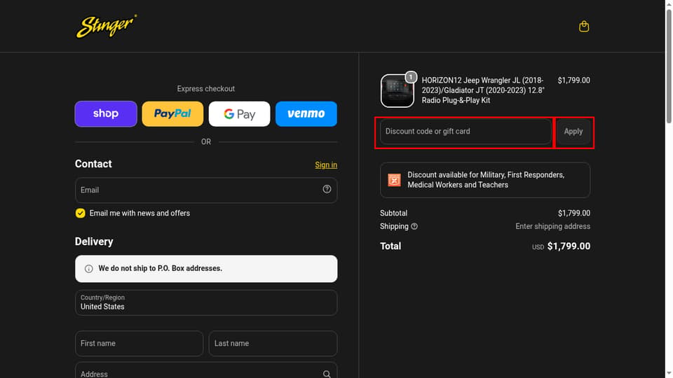 Stinger Off-Road checkout page showing the Discount code or gift card field and Apply button