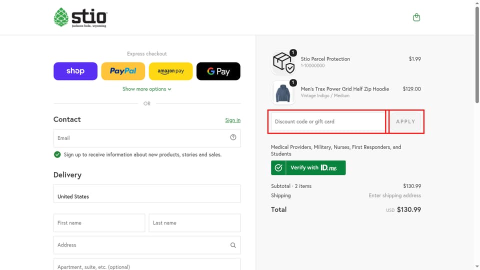 Stio checkout page showing the Discount code or gift card field and Apply button