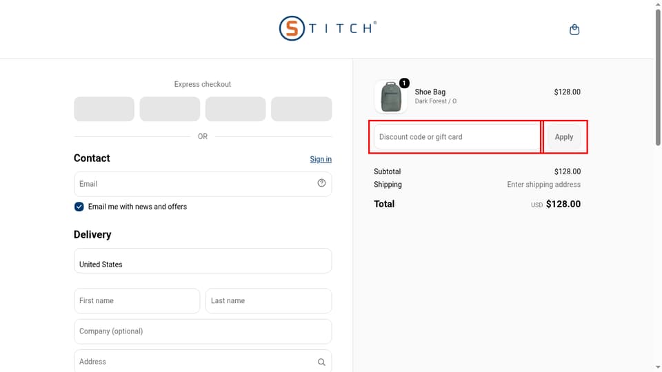 Stitch Golf checkout page showing the Discount code or gift card field and Apply button