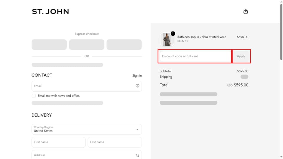 St. John Knits checkout page showing the Discount code or gift card field and Apply button