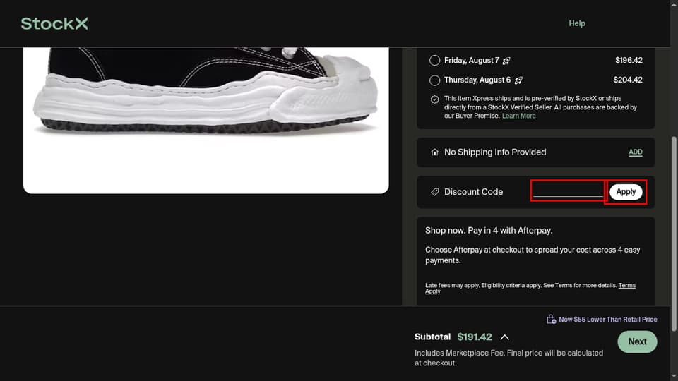 StockX checkout page showing the Discount Code field and Apply button