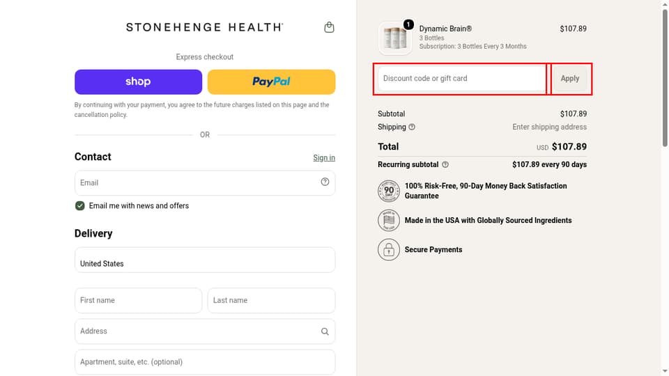 Stonehenge Health checkout page showing the Discount code or gift card field and Apply button
