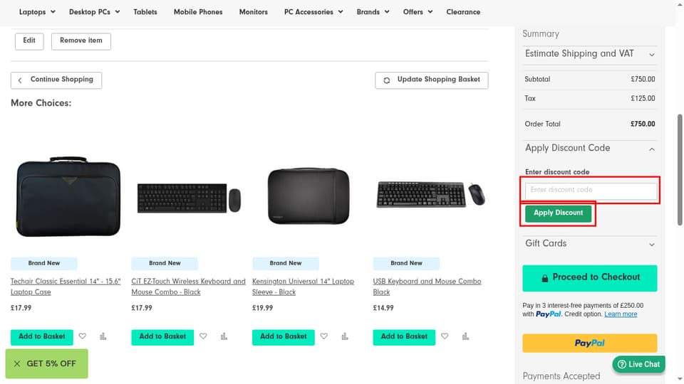 Stone Refurb checkout page showing the Enter discount code field and Apply Discount button