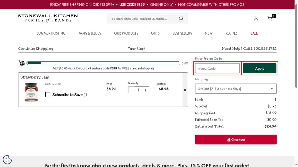 Stonewall Kitchen checkout page showing the Promo Code field and Apply button