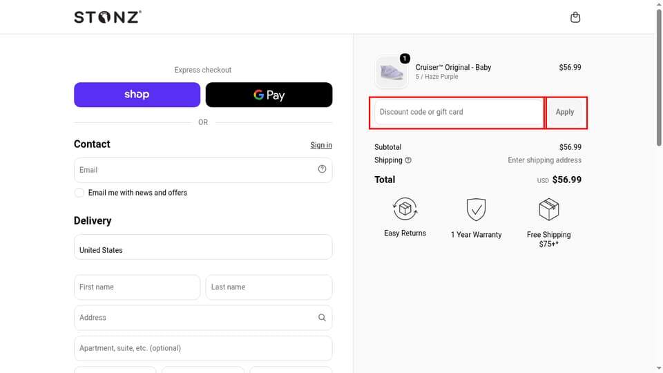 Stonz checkout page showing the Discount code or gift card field and Apply button