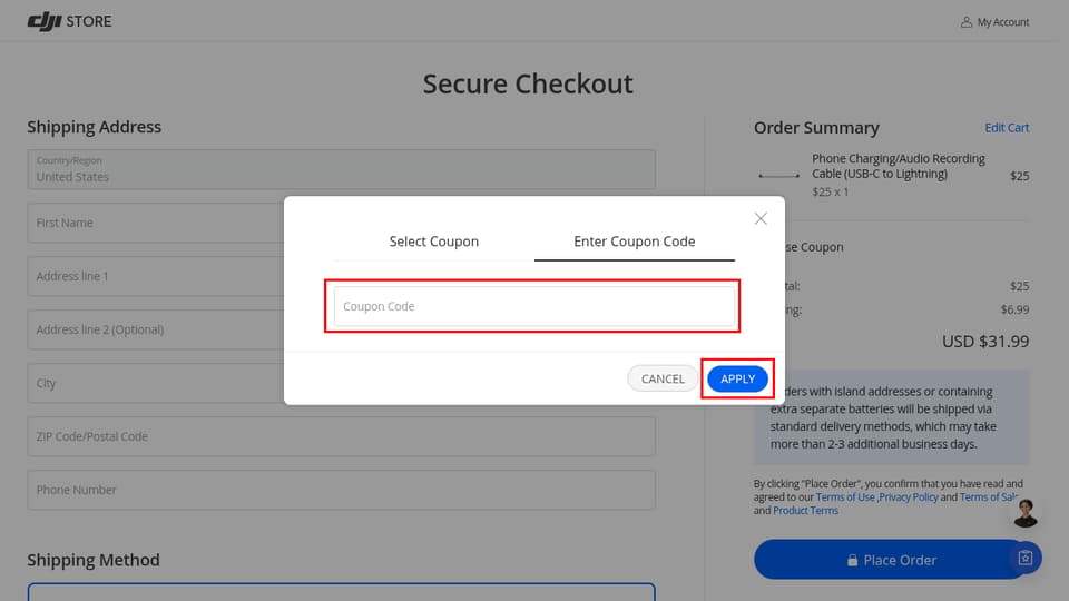 DJI checkout page showing the Coupon Code field and APPLY button