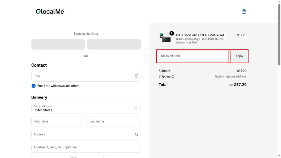 GlocalMe checkout page showing the Discount code field and Apply button