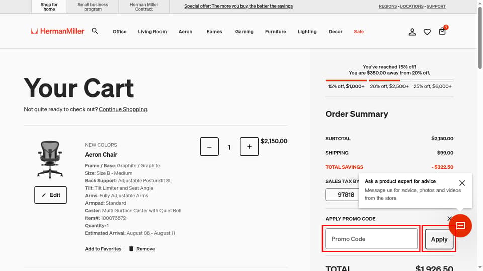Herman Miller checkout page showing the Promo Code field and Apply button