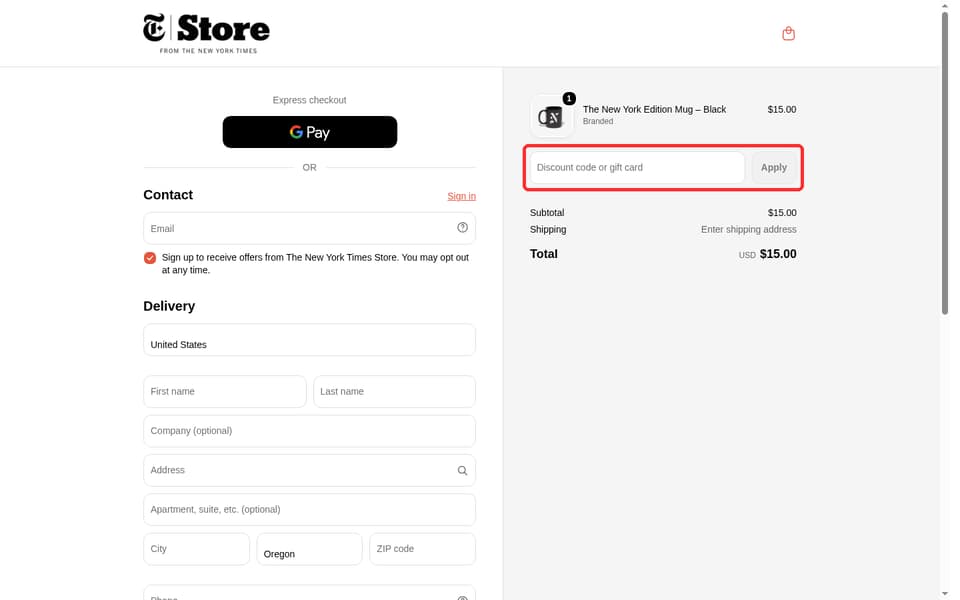 The New York Times Store checkout page showing the Discount code or gift card field and Apply button