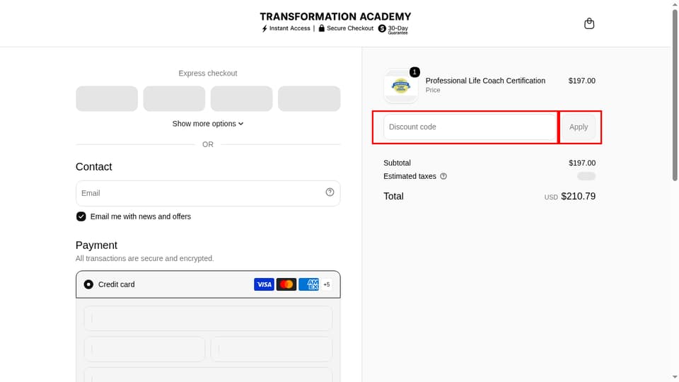 Transformation Academy checkout page showing the Discount code field and Apply button