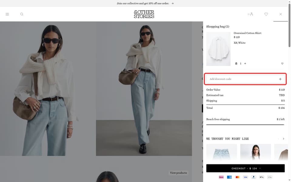& Other Stories checkout page showing the Add discount code field and + button