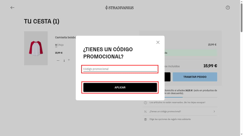 Stradivarius checkout page showing the Código promocional field and Aplicar button
