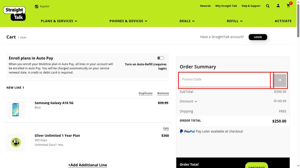 Straight Talk checkout page showing the Enter Promo Code field and _BTN_SUBMIT_PROMO_CARD button