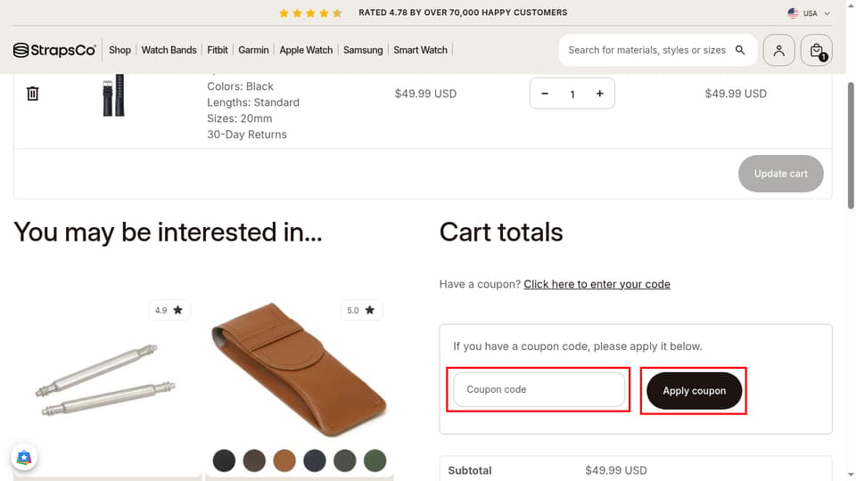 StrapsCo checkout page showing the Coupon code field and Apply coupon button