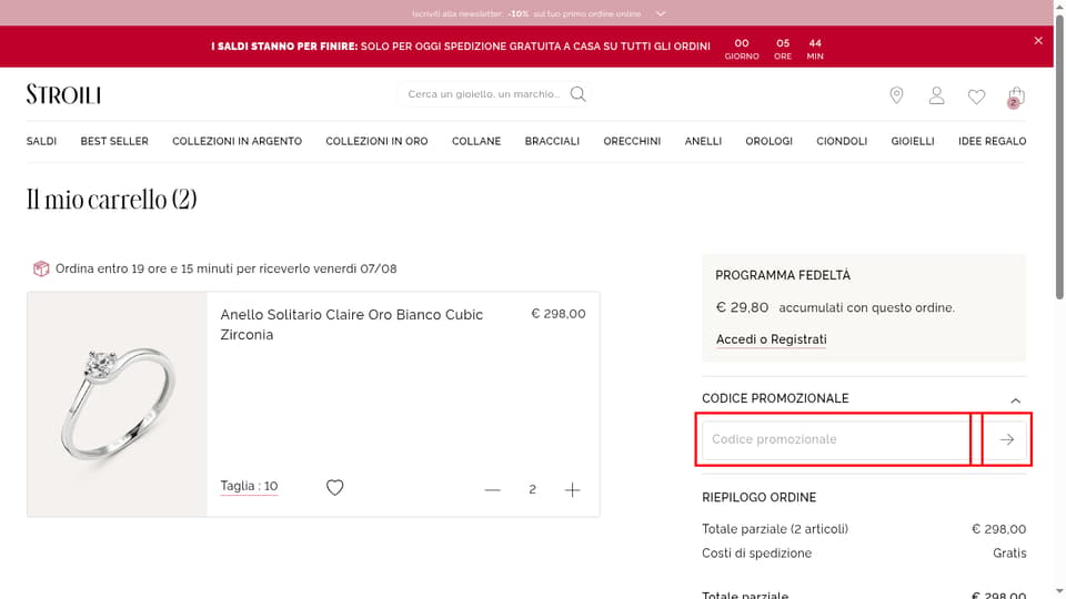 Stroili checkout page showing the Codice promozionale field and Apply button