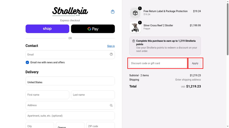 Strolleria checkout page showing the Discount code or gift card field and Apply button