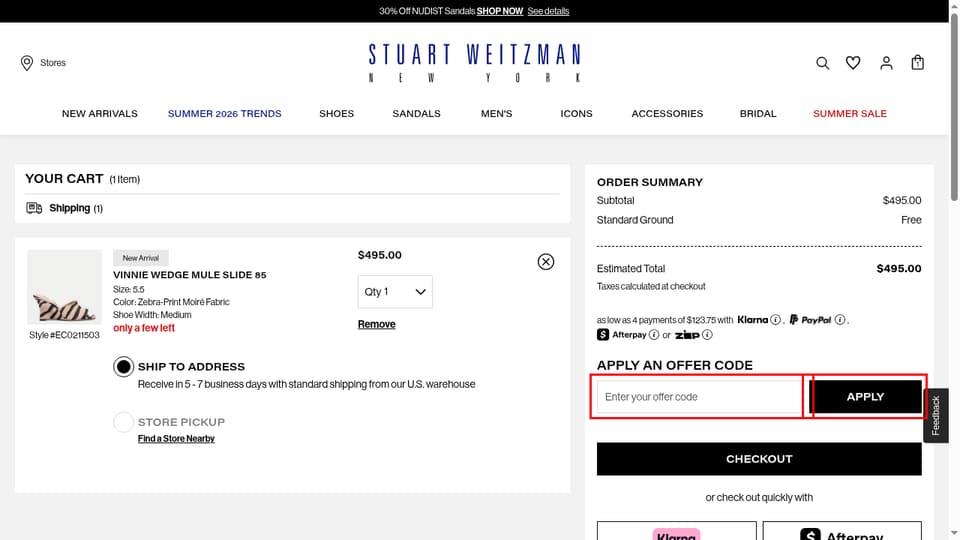 Stuart Weitzman checkout page showing the Enter your offer code field and APPLY button