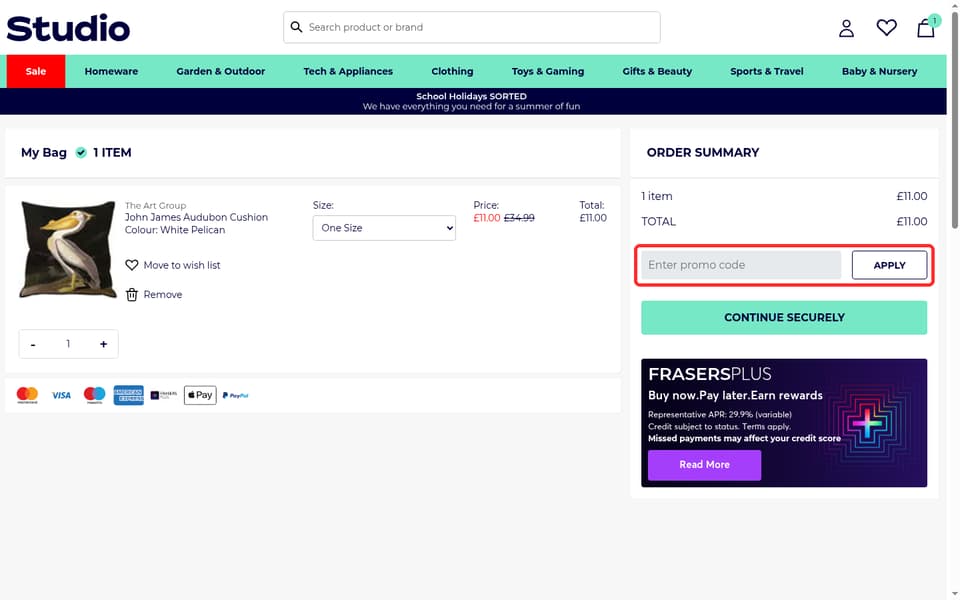 Studio checkout page showing the Enter promo code field and Apply button