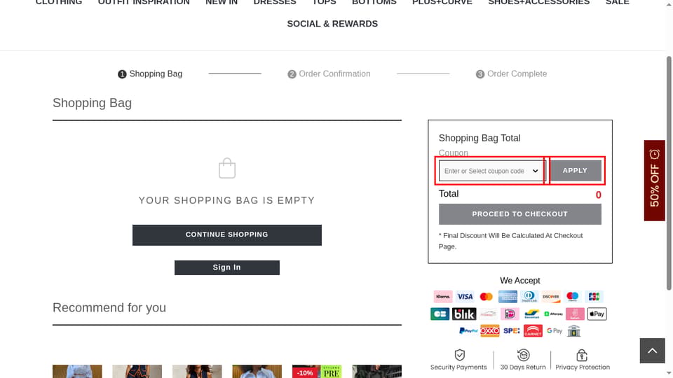StyleWe checkout page showing the Enter or Select coupon code field and APPLY button