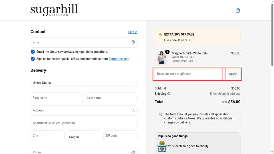 Sugarhill Brighton checkout page showing the Discount code or gift card field and Apply button