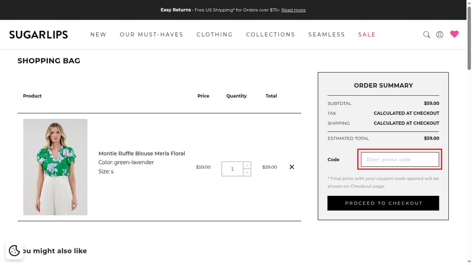 Sugarlips checkout page showing the Enter promo code field and Apply button