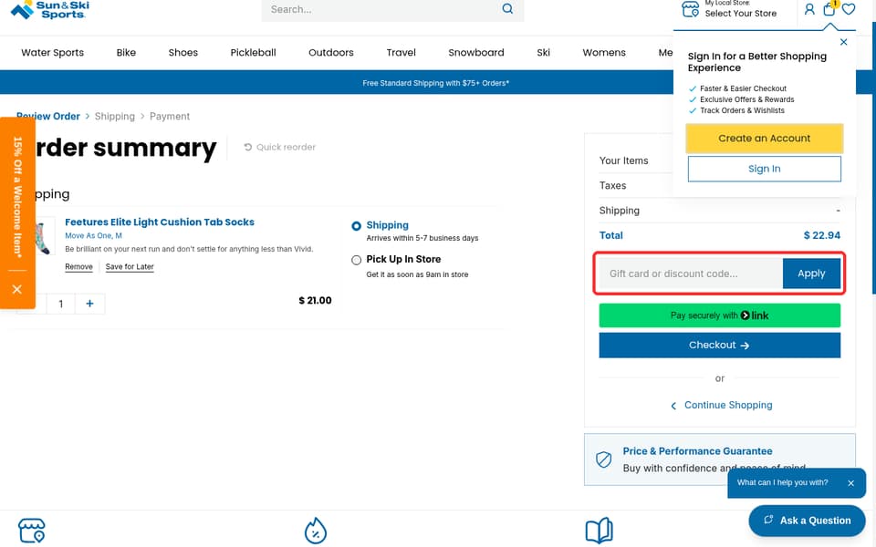 Sun & Ski checkout page showing the Gift card or discount code... field and Apply button