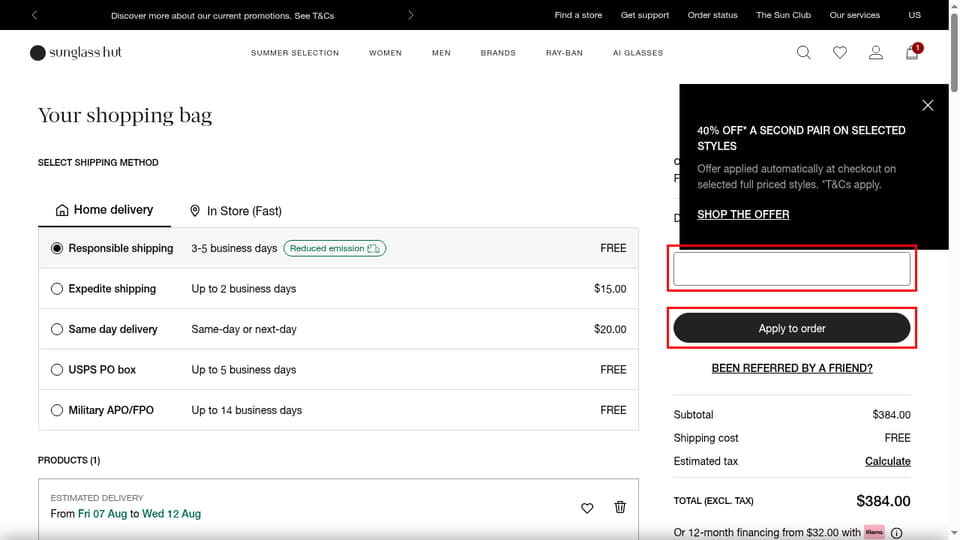 Sunglass Hut checkout page showing the Promo code field and Apply to order button