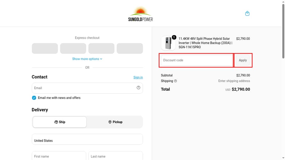 SunGoldPower checkout page showing the Discount code field and Apply button